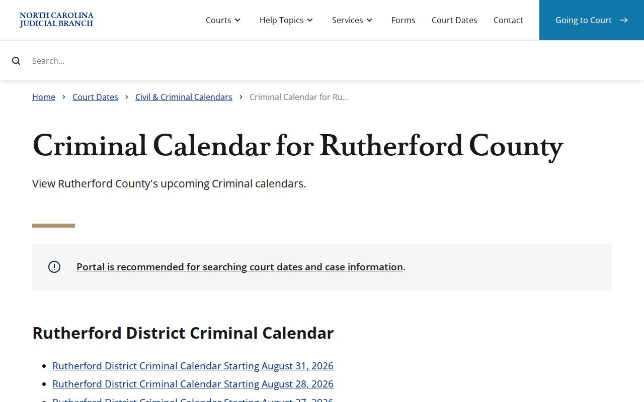 Rutherford County court dates: official county-filtered criminal calendar interface